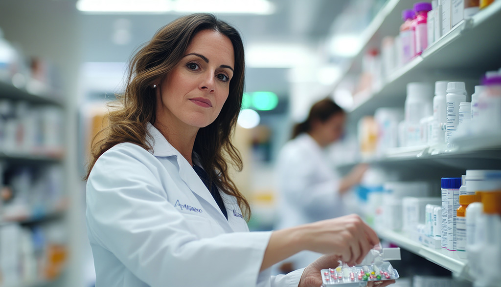 Pharmacist in a white coat working in a pharmacy.