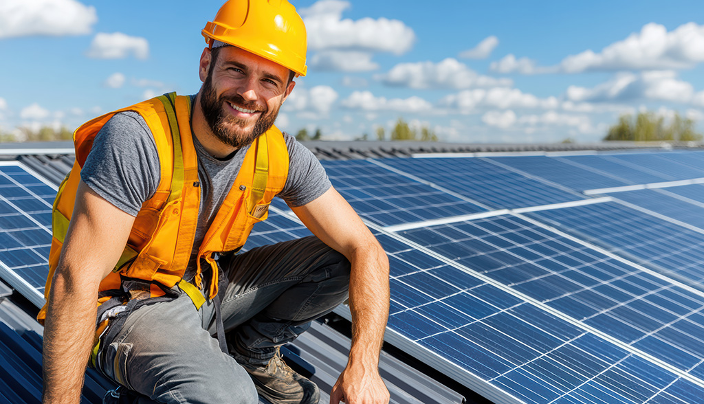 Skilled worker installing solar panels rooftop, showcasing dedication and expertise renewable